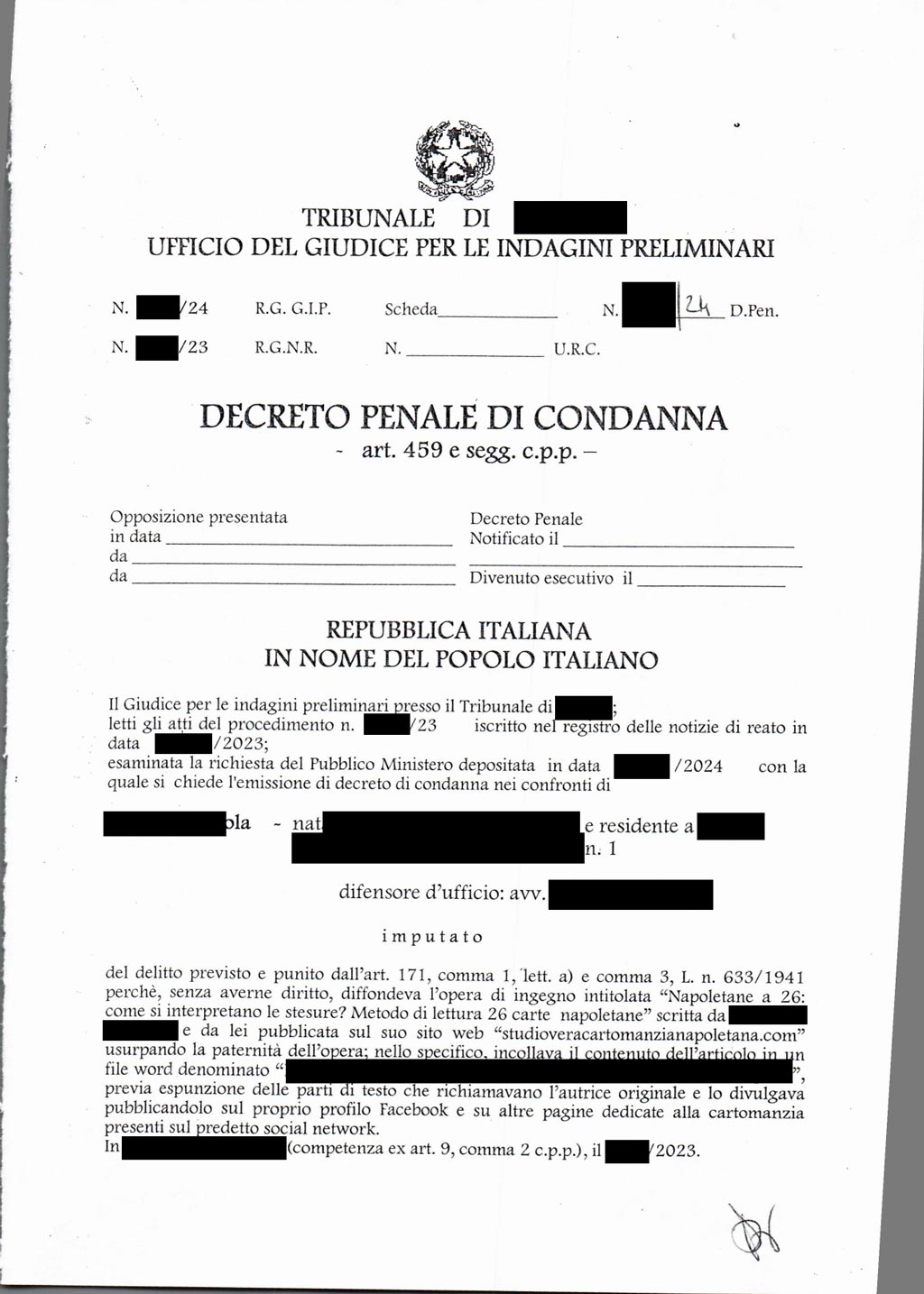 Decreto penale di condanna per violazione della legge sul diritto d'autore ex art. 171 comma 1 lettera a applicata ad un caso del settore della cartomanzia